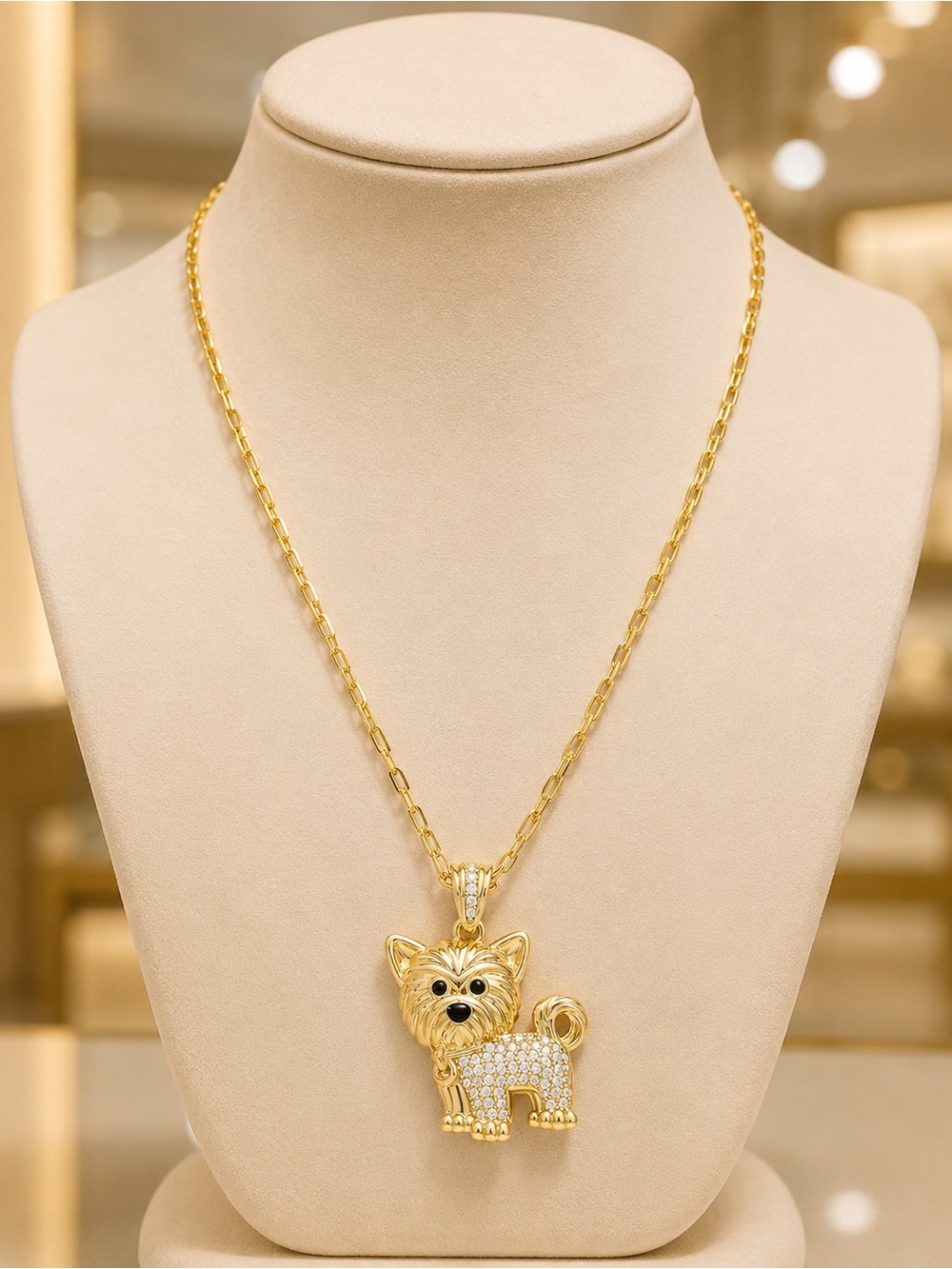 NEW 18K Gold Plated With Zirconia Stones Yorkie Dog Pendant Necklace-